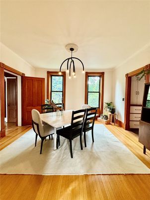 Dining room, Interior, Pendant Lights, Wood Texture Flooring