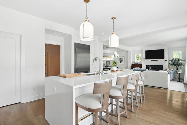 Fireplace, Interior, Kitchen, Living room, Pendant Lights, Recessed Lighting, Wood Texture Flooring