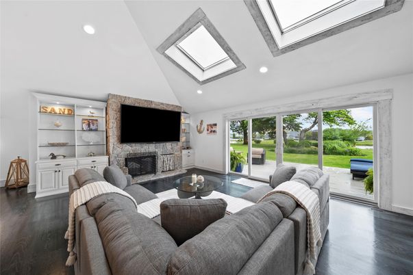 Fireplace, Glass Ceilings, Interior, Living room, Recessed Lighting, Wood Texture Flooring