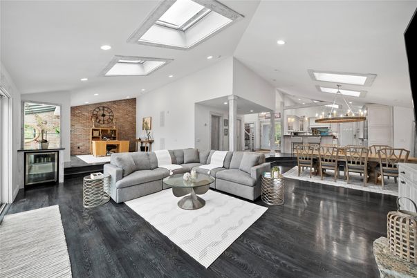 Dining room, Fireplace, Interior, Kitchen, Living room, Pendant Lights, Recessed Lighting, Stone Walls, Wood Texture Flooring