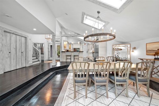 Chandelier, Dining room, Interior, Kitchen, Pendant Lights, Recessed Lighting, Wood Texture Flooring