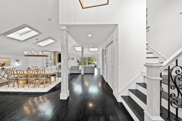 Chandelier, Dining room, Interior, Pendant Lights, Recessed Lighting, Wood Texture Flooring