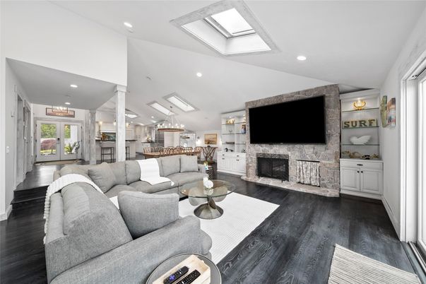 Fireplace, Interior, Kitchen, Living room, Pendant Lights, Recessed Lighting, Wood Texture Flooring
