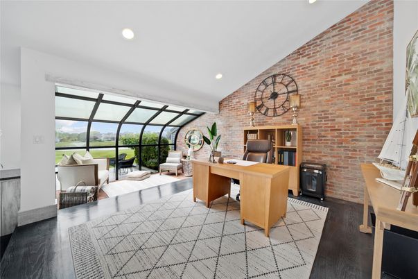 Fireplace, Home Office, Interior, Recessed Lighting, Stone Walls, Wood Texture Flooring