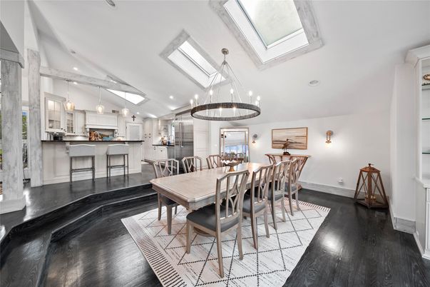 Chandelier, Dining room, Interior, Kitchen, Pendant Lights, Recessed Lighting, Wood Texture Flooring