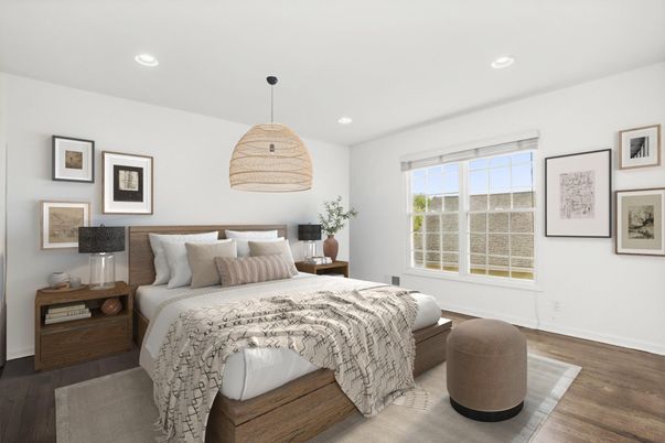 Bedroom, Interior, Pendant Lights, Recessed Lighting, Wood Texture Flooring