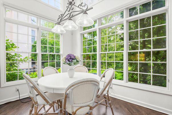 Dining room, Interior, Pendant Lights, Sun Room, Wood Texture Flooring