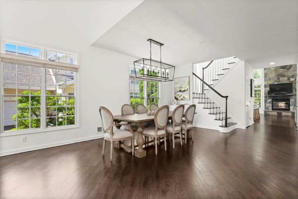 Dining room, Fireplace, Interior, Pendant Lights, Recessed Lighting, Wood Texture Flooring