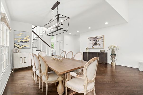 Chandelier, Dining room, Interior, Pendant Lights, Recessed Lighting, Wood Texture Flooring
