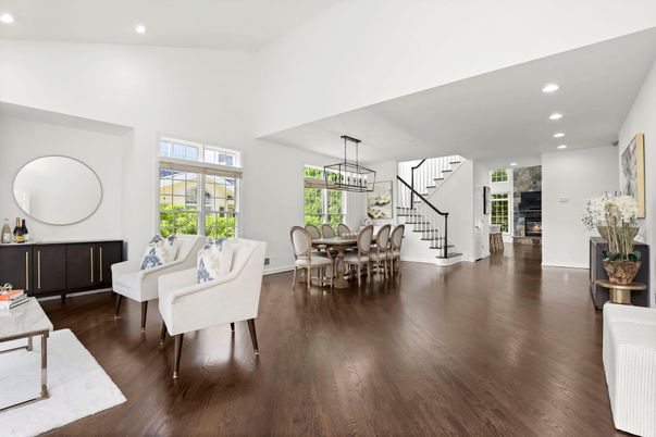 Dining room, Interior, Pendant Lights, Recessed Lighting, Wood Texture Flooring