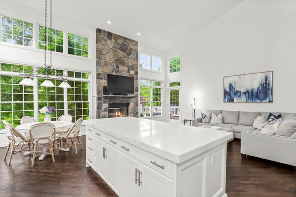 Dining room, Fireplace, Interior, Living room, Pendant Lights, Recessed Lighting, Stone Walls, Wood Texture Flooring