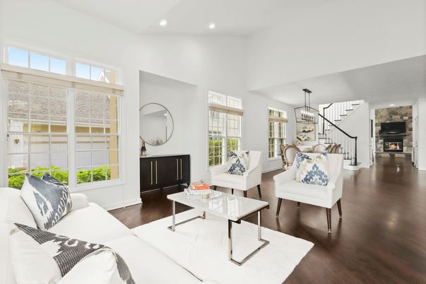 Chandelier, Dining room, Fireplace, Interior, Living room, Pendant Lights, Recessed Lighting, Wood Texture Flooring