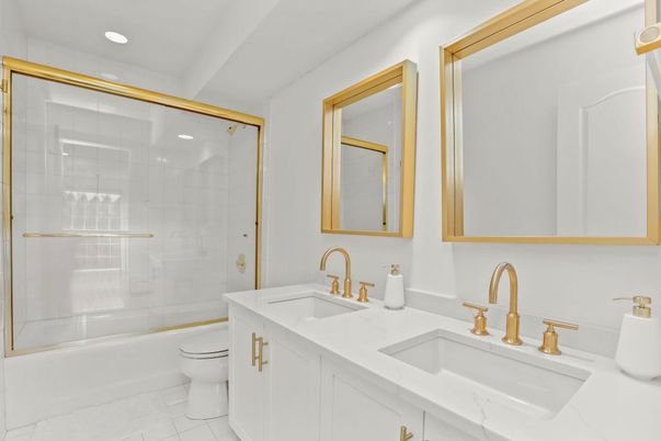 Bathroom, Dual Sink Vanities, Glass Shower, Interior, Recessed Lighting