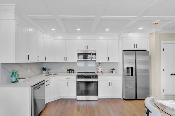 Interior, Kitchen, Recessed Lighting, Stainless Steel Appliances, Wood Texture Flooring