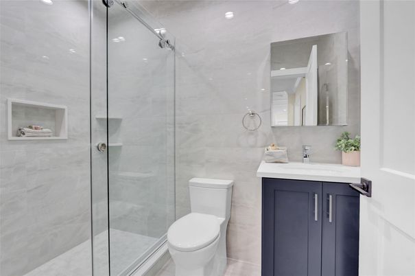 Bathroom, Glass Shower, Interior, Marble Walls, Recessed Lighting