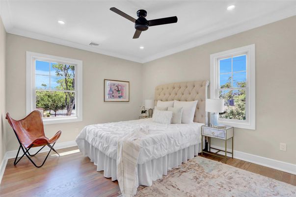 Bedroom, Interior, Recessed Lighting, Wood Texture Flooring
