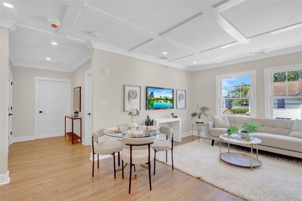 Dining room, Interior, Living room, Recessed Lighting, Wood Texture Flooring