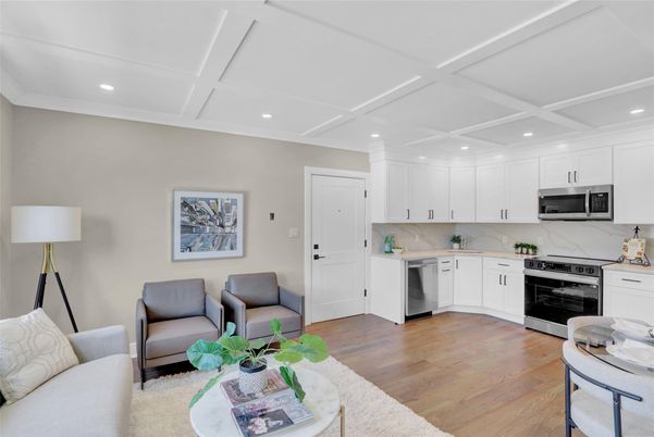 Interior, Kitchen, Living room, Recessed Lighting, Stainless Steel Appliances, Wood Texture Flooring
