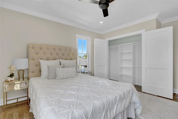 Bedroom, Interior, Recessed Lighting, Wood Texture Flooring