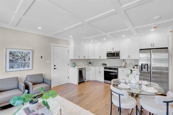Dining room, Interior, Kitchen, Recessed Lighting, Stainless Steel Appliances, Wood Texture Flooring