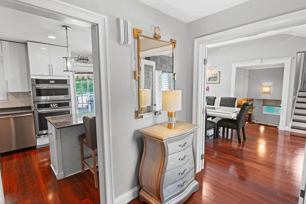 Dining room, Interior, Kitchen, Pendant Lights, Recessed Lighting, Stainless Steel Appliances, Wood Texture Flooring