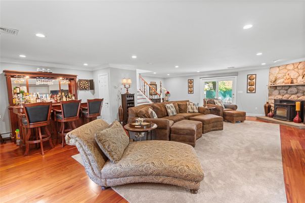 Fireplace, Interior, Living room, Recessed Lighting, Wood Texture Flooring