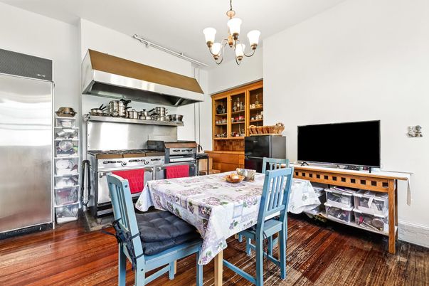 Chandelier, Dining room, Interior, Stainless Steel Appliances, Wood Texture Flooring