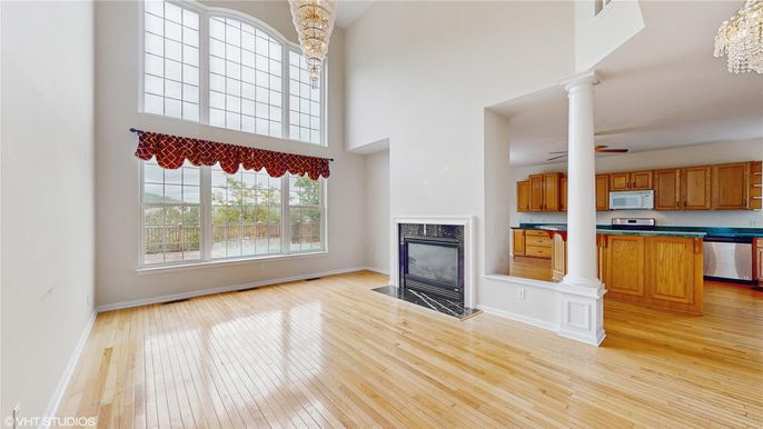 Chandelier, Fireplace, Interior, Kitchen, Wood Texture Flooring