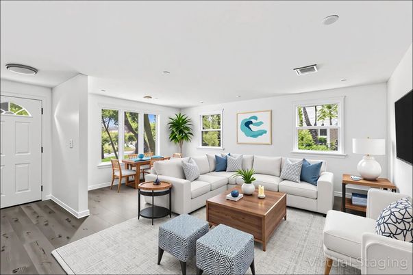 Dining room, Interior, Living room, Recessed Lighting, Wood Texture Flooring