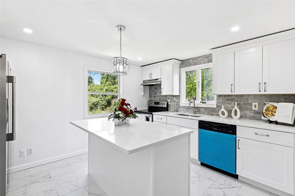 Interior, Kitchen, Marble, Pendant Lights, Recessed Lighting, Stainless Steel Appliances