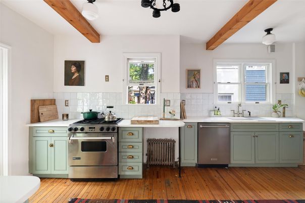 Interior, Kitchen, Stainless Steel Appliances, Wooden Beams, Wood Texture Flooring