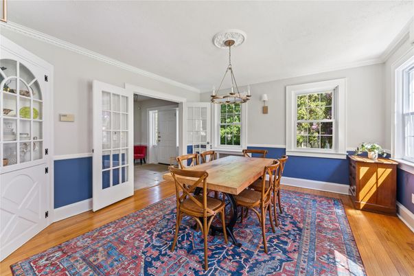 Dining room, Interior, Pendant Lights, Wood Texture Flooring