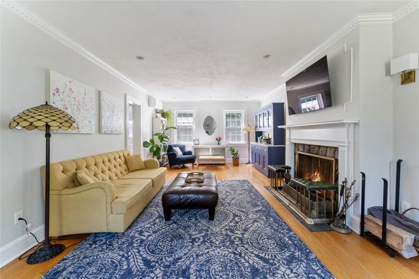 Fireplace, Interior, Living room, Recessed Lighting, Wood Texture Flooring