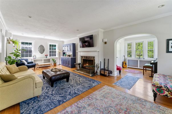 Fireplace, Interior, Living room, Recessed Lighting, Wood Texture Flooring