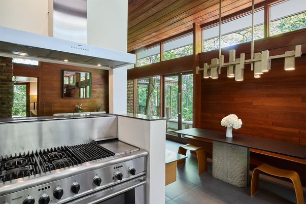 Interior, Kitchen, Pendant Lights, Stainless Steel Appliances, Wooden Ceilings, Wooden Walls