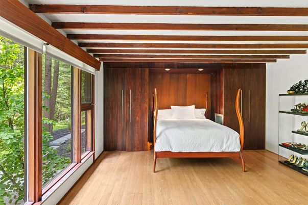 Bedroom, Interior, Recessed Lighting, Wooden Beams, Wood Texture Flooring, Wooden Walls