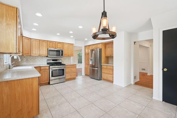 Interior, Kitchen, Pendant Lights, Recessed Lighting, Stainless Steel Appliances, Wood Texture Flooring