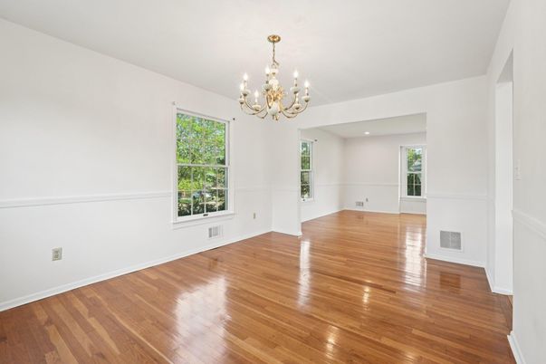 Chandelier, Empty room, Interior, Recessed Lighting, Wood Texture Flooring