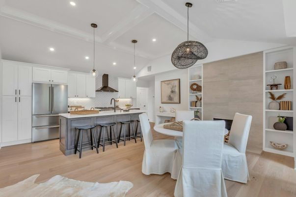 Dining room, Interior, Kitchen, Pendant Lights, Recessed Lighting, Stainless Steel Appliances, Wood Texture Flooring