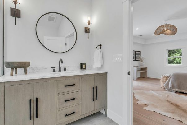 Bathroom, Dual Sink Vanities, Interior, Recessed Lighting, Wood Texture Flooring