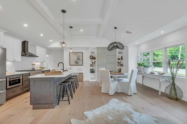 Dining room, Interior, Kitchen, Pendant Lights, Recessed Lighting, Stainless Steel Appliances, Wood Texture Flooring
