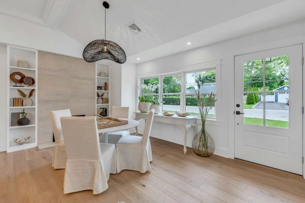 Dining room, Interior, Pendant Lights, Recessed Lighting, Wood Texture Flooring