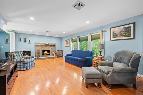 Fireplace, Interior, Living room, Recessed Lighting, Wood Texture Flooring
