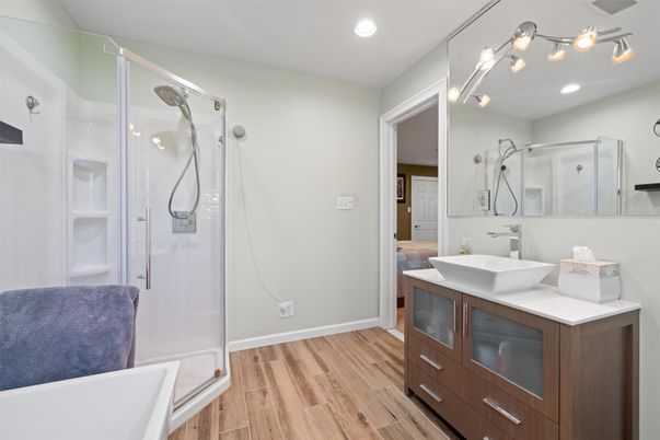 Bathroom, Glass Shower, Interior, Recessed Lighting, Wood Texture Flooring