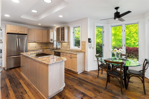 Dining room, Interior, Kitchen, Recessed Lighting, Stainless Steel Appliances, Wood Texture Flooring