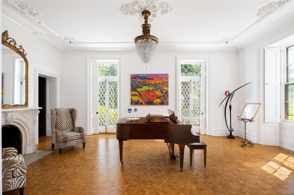 Chandelier, Fireplace, Interior, Piano, Wood Texture Flooring