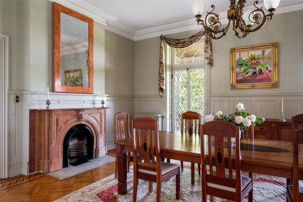 Chandelier, Dining room, Fireplace, Interior, Wood Texture Flooring