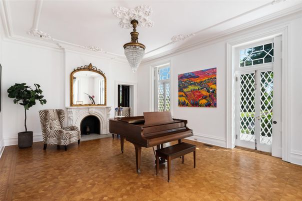 Chandelier, Fireplace, Interior, Piano, Wood Texture Flooring