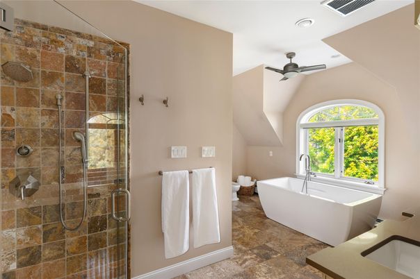 Bathroom, Free Standing Baths, Glass Shower, Interior, Recessed Lighting