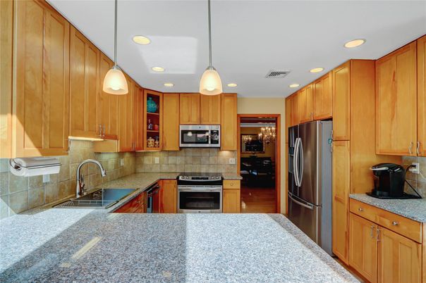 Interior, Kitchen, Pendant Lights, Recessed Lighting, Stainless Steel Appliances, Wood Texture Flooring